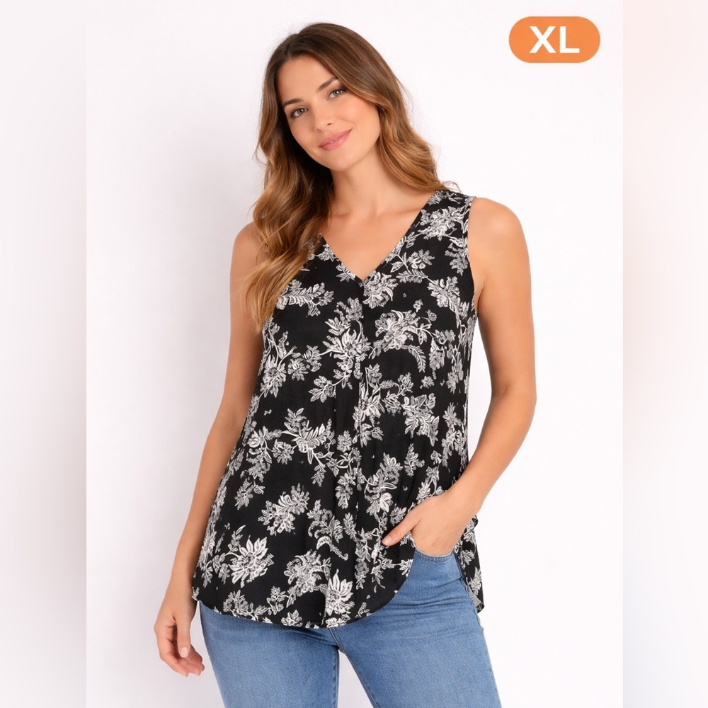 Chic Black and White Floral Sleeveless Blouse XL